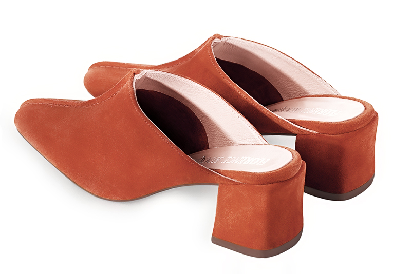 Terracotta orange women's clog mules. Square toe. Medium block heels. Rear view - Florence KOOIJMAN